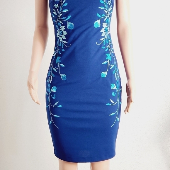 Jax Floral-Embroidered Sheath Midi Dress, Blue Pattern Size: 2 - Picture 4 of 11